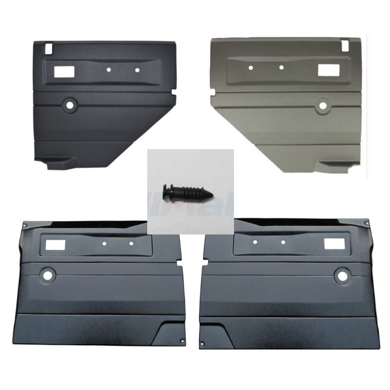 REPLACEMENT DOOR CARD SET FITS DEFENDER - BOTH FRONT AND REAR WITH MANUAL WINDOWS IN BLACK ABS PLASTIC (FITS UP TO 2005)