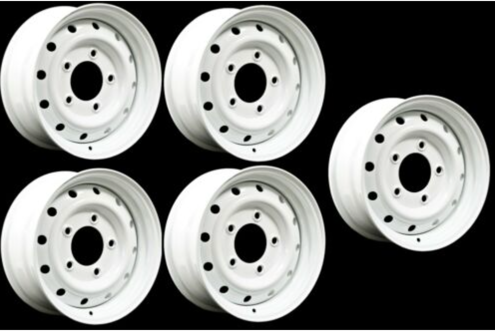 SET OF FIVE WHITE WOLF STEEL RIM WHEELS