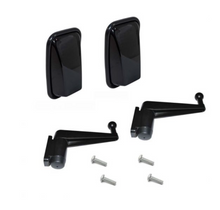 Load image into Gallery viewer, PAIR OF BLACK GLOSS MIRROR HEADS, MIRROR ARMS AND SCREWS FOR LAND ROVER DEFENDER - WITH GLASS AND RUBBER SURROUND
