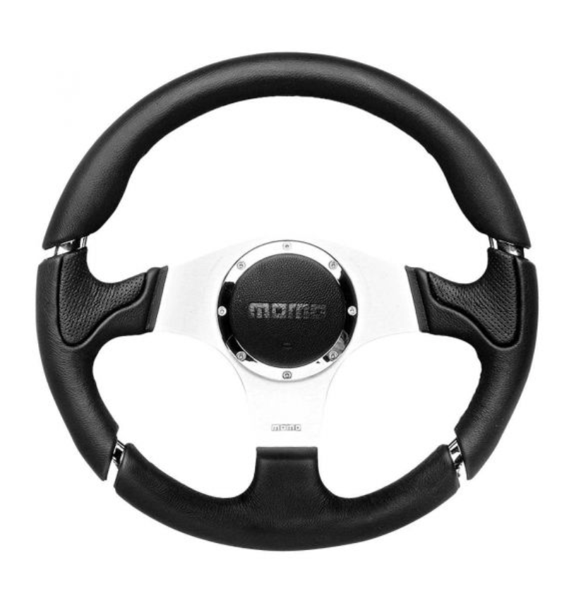 DEFENDER MOMO MILLENIUM STEERING WHEEL WITH BLACK LEATHER DETAILING - 350MM