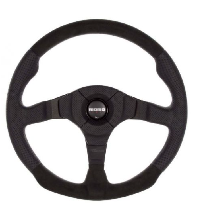 DEFENDER MOMO DARK FIGHTER STEERING WHEEL WITH BLACK LEATHER AND SUEDE DETAILING - 350MM